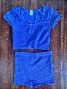Colsie Blue Short Sleeve Waffle Knit Crop Top & Shorts Pajama Set